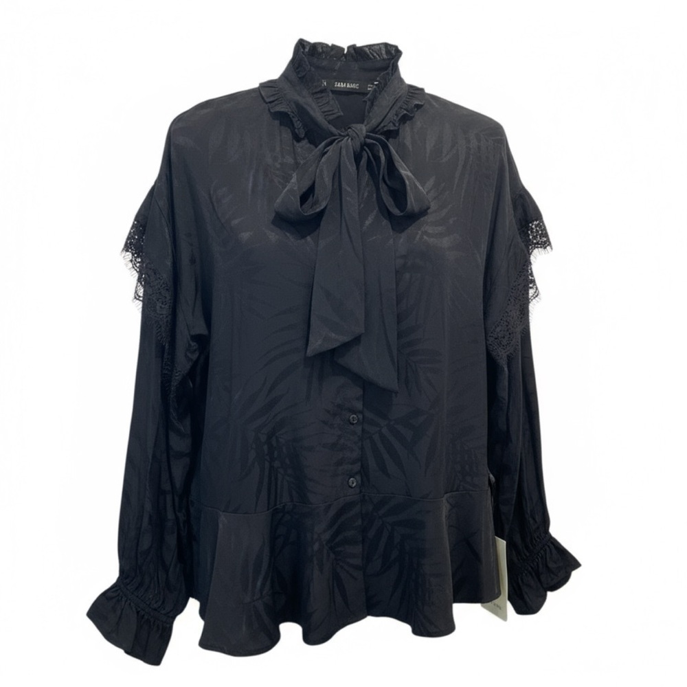 Zara Black ruffle neck tie blouse with patterned design size small‎ never worn